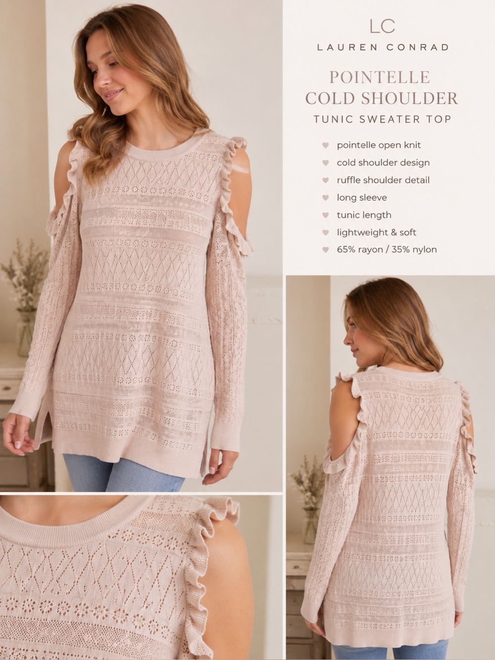 Cold-Shoulder‎ Ruffle Knit Sweater - Blush - Picture 2 of 3
